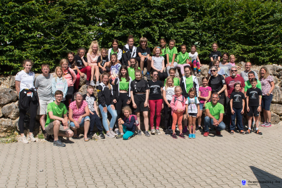 Großes Gruppenfoto der Einradabteilung mit Kindern, Jugendlichen, Trainerinnen und Eltern im Freien